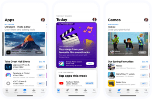 Three images from the App Store: Today tab Games tab Apps tab