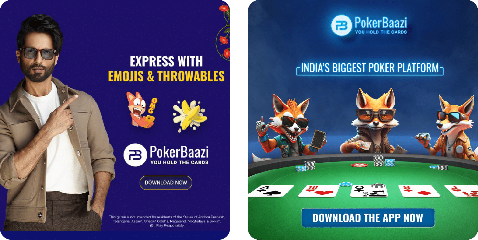 Examples of PokerBaazi ads with CTA buttons to download the app. 