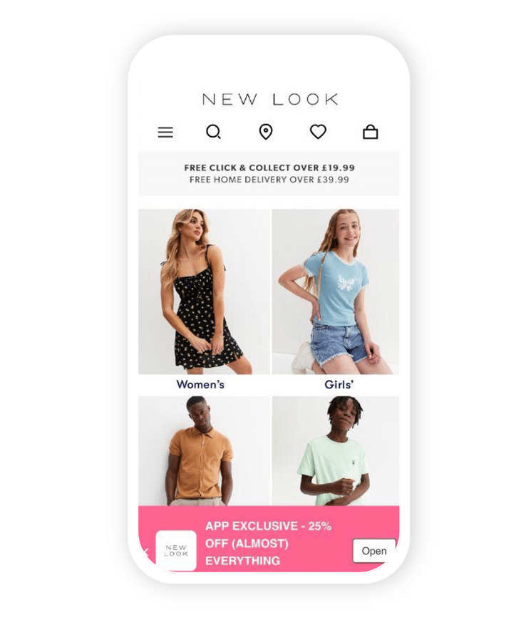 Screenshot of the New Look mobile website with a smart banner displayed: "App exclusive: 25% off (almost) everything."