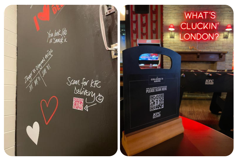 Side by side images of QR codes displayed inside the pub. Image 1: "Scan for delivery" written on a bathroom mirror. Image 2: QR code displayed on a napkin holder.