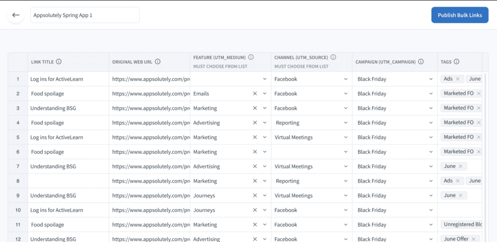 Bulk Link Tools screen showing Link Title, Original Web URL, Feature, Channel, Campaign, and Tags columns along with a button to Publish Bulk Links.