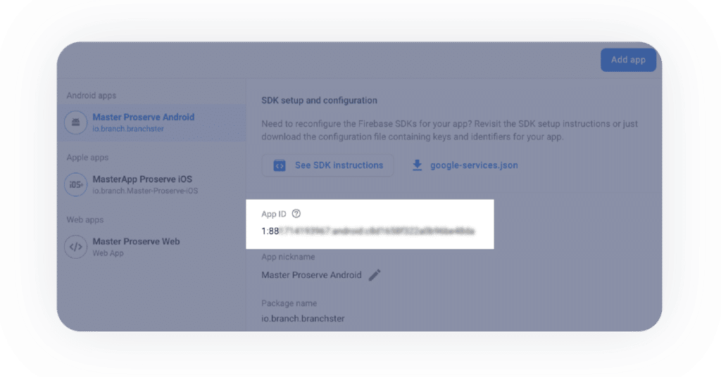 Image of locating Firebase APP ID (in SDK setup configuration)