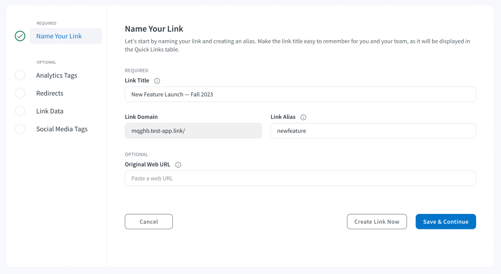 Screenshot of a Branch Dashboard showing how to create a Quick Link: "Name Your Link Let's start by naming your link and creating an alias. Make the title easy to remember for you and your team, as it will be displayed in the Quick Links Table." 