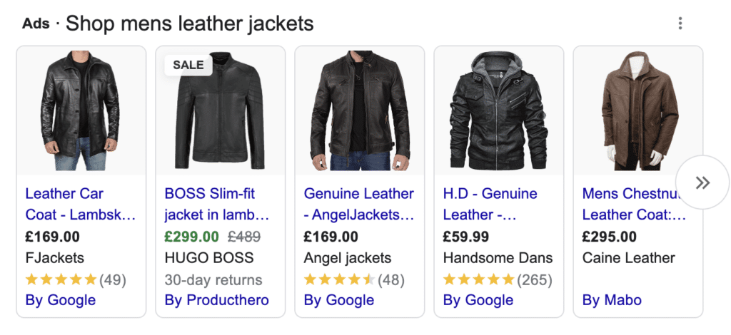 Screenshot of Google Shopping product feed for a search for leather jackets.
