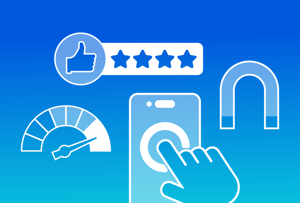Image showing various icons including a hand tapping a button on a phone, a five star review, and a speedometer.