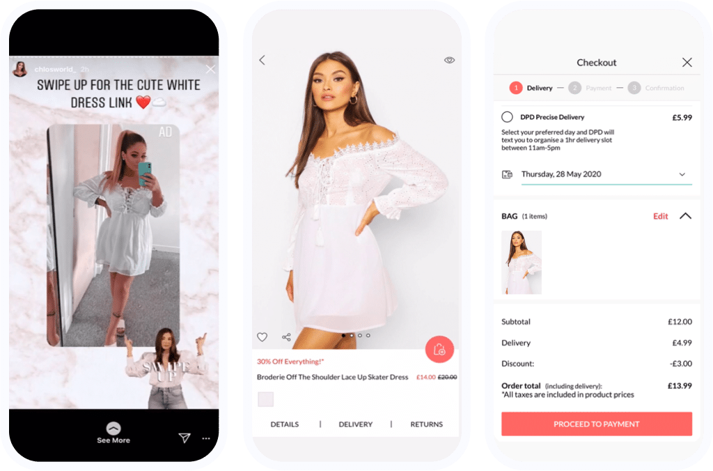 Three images showing a user flow from an influencer Instagram post to a checkout page in the Boohoo app.
