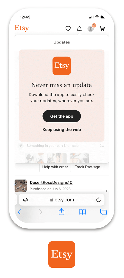 Screenshot of the Esty mobile website showing a CTA button to get the app below text that reads, "Never miss an update. Download the app to easily check your updates, wherever you are." 