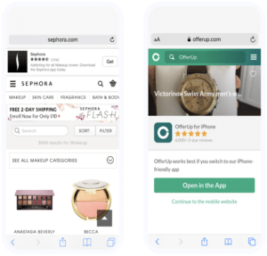 Left: Image of the Sephora webpage on a smart phone with a small (~1/6 of page) Sephora app banner at the top of the page. Right Image of OfferUp webpage on smart phone with app banner that takes up the lower 1/2 of the screen.